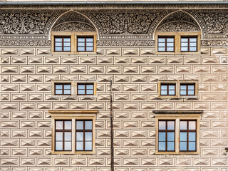 Fototapeta premium Detail of the facade with sgraffito of Schwarzenberg Palace or Lobkovice Palace, Renaissance palace on Hradcany Square, house of an exhibition of the National Gallery, Prague, Czechia