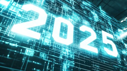 Futuristic digital background with "2025" in neon blue and white, featuring holographic elements and glowing grids.