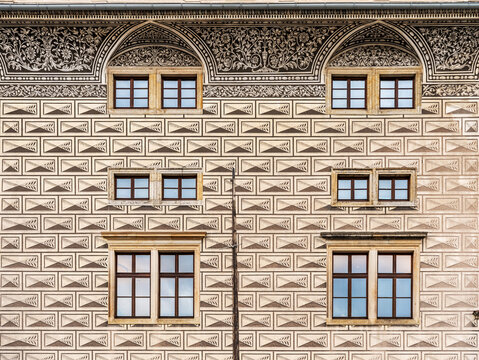 Detail of the facade with sgraffito of Schwarzenberg Palace or Lobkovice Palace, Renaissance palace on Hradcany Square, house of an exhibition of the National Gallery, Prague, Czechia