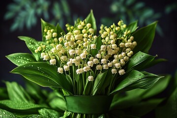 Obraz premium Incredibly beautiful lily of the valley flowers with delicate white inflorescences, gracefully hanging from thin stems, surrounded by lush green leaves. The flowers exude a soft aroma
