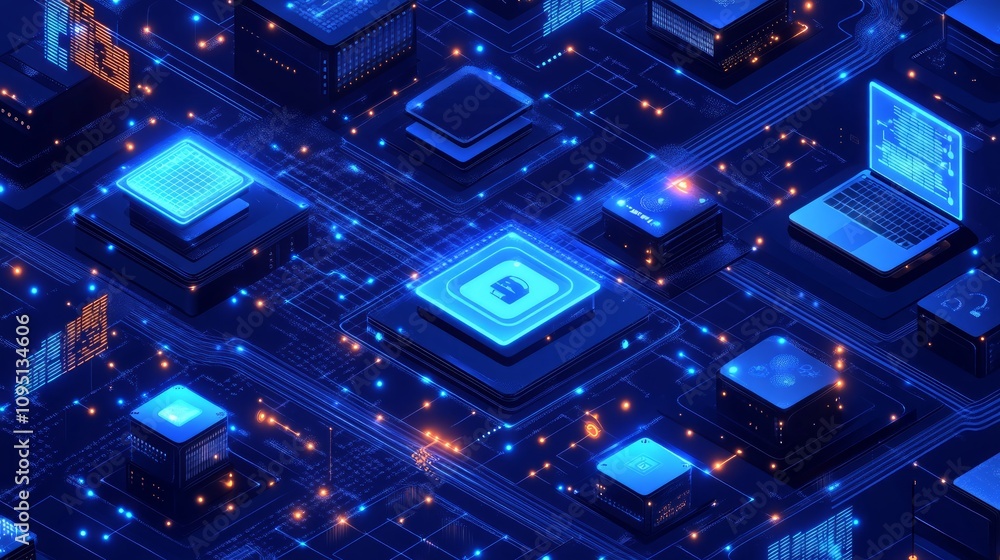 Poster abstract isometric illustration of a complex network of interconnected computer chips, processors, a