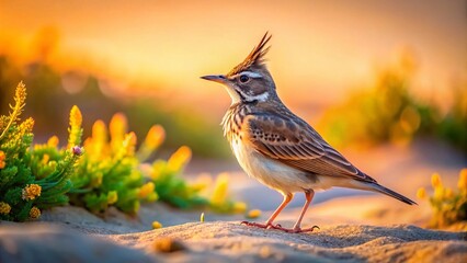 Tilt-Shift Photography of a Crested Lark Walking on a Desert Landscape in Riffa, Bahrain, Showcasing Unique Flora and Fauna in a Miniature Style