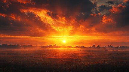 Fiery Sunset over Ancient Temples Dramatic Landscape Photography