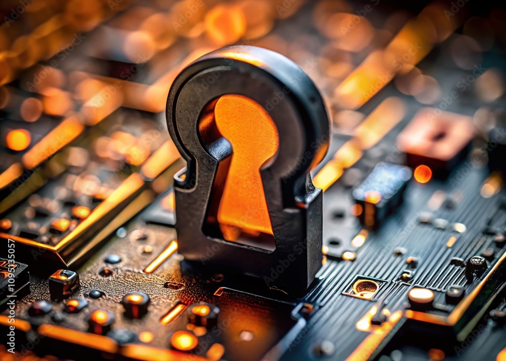 Poster tilt-shift photography of a unique black and orange electronic device featuring a keyhole, captured 