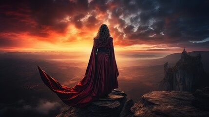 Superwoman in dark coat triumphs over the world from a rock with a stunning sky view behind her