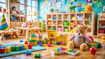 Obraz premium Tilt-Shift Photography of Colorful Educational Toys for Childcare Settings, Fostering Imagination and Playful Learning in Bright, Inviting Environments