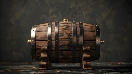 Wooden barrel with black metal bands and brass accents on a dark textured background.
