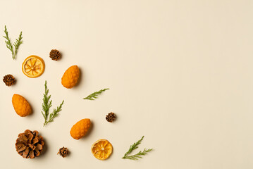 Christmas or new year composition on beige background. Flat lay, top view. Copy space