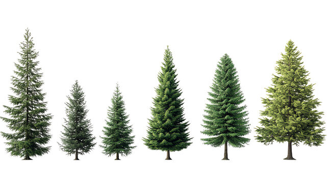 Different types of pine trees, white isolate background