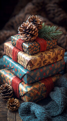 Stacked Christmas gifts with festive wrapping, pinecones, and greenery, cozy holiday decor with rustic charm
