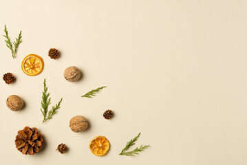 Christmas or new year composition on beige background. Flat lay, top view. Copy space