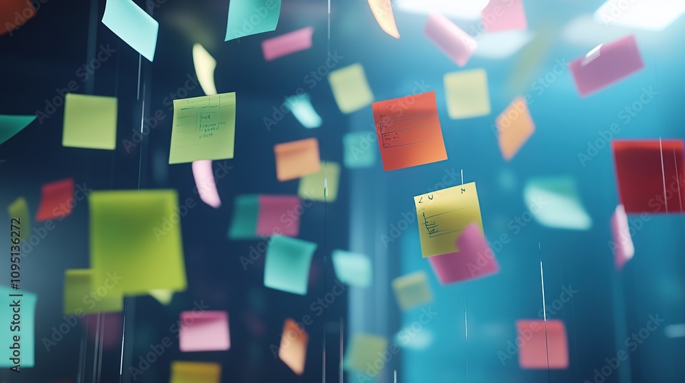 Poster a vibrant display of colorful sticky notes suspended in a creative workspace.