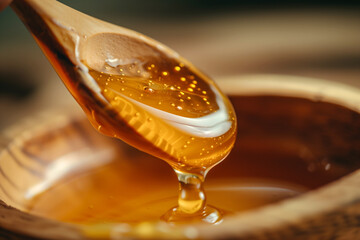 honey drips from ladle in wooden bowl, close-up, selective focus
