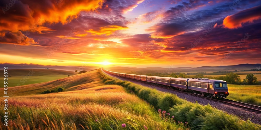 Poster train traveling through a lush grass field at sunset with a colorful sky and warm light, creating a 