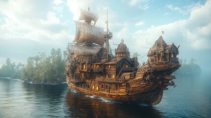 Obraz premium A fantastical wooden ship resembling a house sails through a misty landscape.