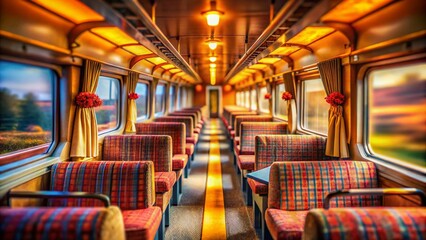 Fototapeta premium Train Interior Perspective: A Tilt-Shift Photography Exploration of a Cozy Train Cabin with Details of Furniture, Windows, and Ambient Lighting Creating a Miniature World Effect