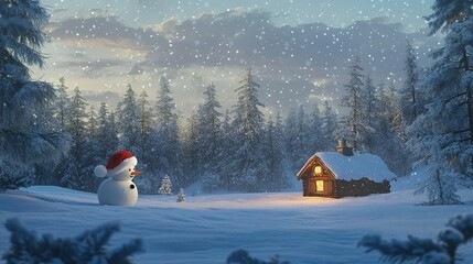 Snow-covered forest with glowing wooden cabin and snowman in Santa hat, magical holiday atmosphere.