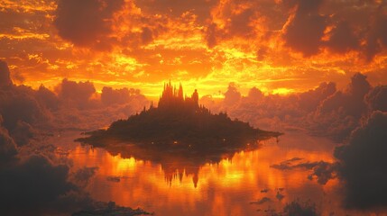 Fototapeta premium A mystical island castle at sunset, reflecting vibrant colors on calm waters.