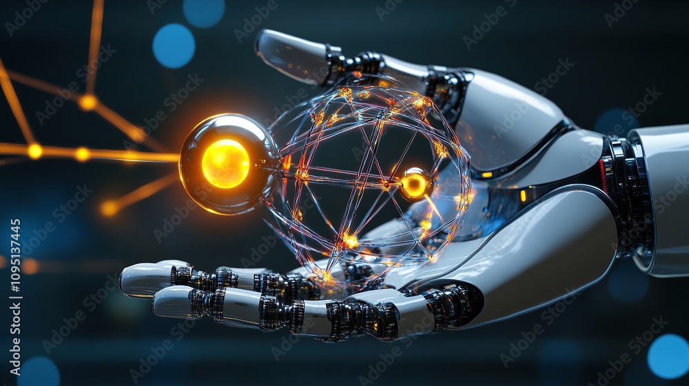 Poster a robotic hand holds a glowing atom model, symbolizing advanced technology and science.