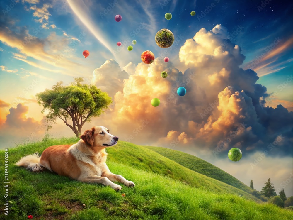 Poster tranquil moment: a lazy dog relaxing in a dreamlike landscape of soft colors and twisting shapes, su
