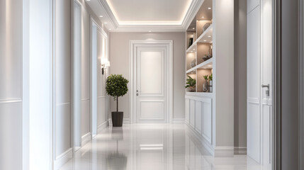 Bright, airy hallway corridor designed in clean white tones, featuring doors on either side. A built-in true niche with shelves provides space for decorative items, adding style and functionality 