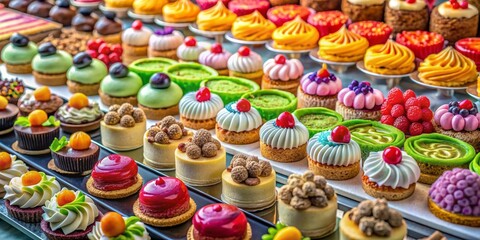 Obraz premium A Symphony of Sweetness A Colorful Array of Miniature Cakes and Pastries Decorated with Fresh Fruit and Whimsical Frosting