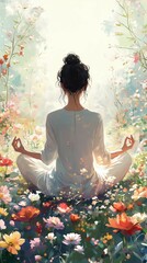 Woman Meditating in Blooming Garden, Featuring Peaceful Floral Surroundings and Radiant Natural Light for Mindfulness and Serenity ,Spiritual Garden Retreat ,Meditative Garden Spaces