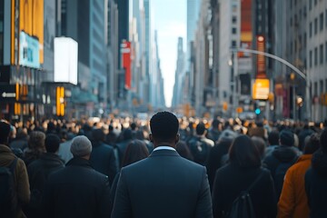 Obraz premium Man in Gray Suit, Rush Hour Cityscape, Dense Crowd