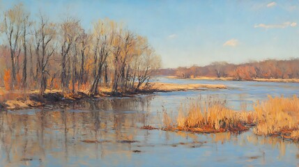 Obraz premium A River Scene with Bare Trees and Reeds in a Blue Sky