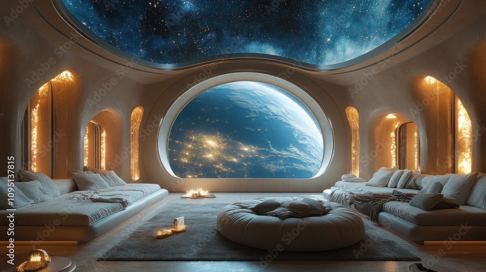 Poster a futuristic lounge with a view of earth through a large window in a cosmic setting.