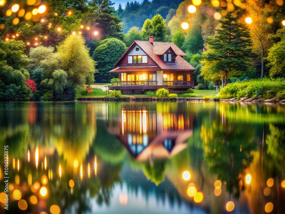 Poster tranquil reflection of a charming house on a serene lake surrounded by lush greenery with a beautifu