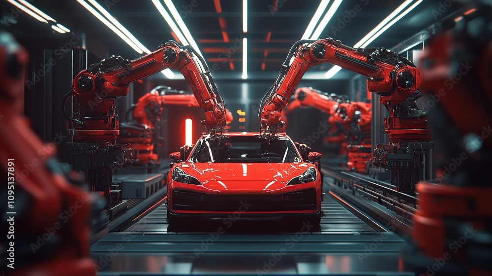 Aufkleber a sleek red car in an automated assembly line with robotic arms.