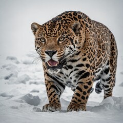 Obraz premium A muscular jaguar prowling with stealth on a white background.