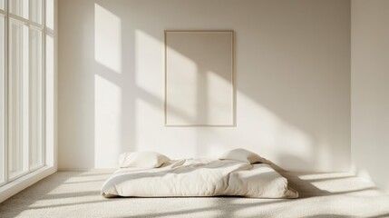 A tranquil bedroom features a simple mattress on the floor and a single piece of artwork on the wall. Natural light creates a warm atmosphere, enhancing the peaceful ambiance.