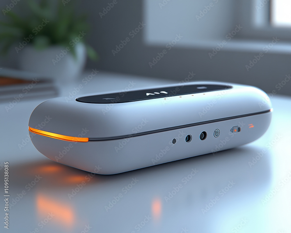 Poster modern smart home device with led indicator on white surface in minimalistic setting