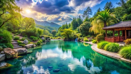 Fototapeta premium Tranquil Spa Landscape: A Serene Retreat Surrounded by Lush Greenery, Calm Waters, and Natural Elements for Relaxation and Rejuvenation in a Picturesque Setting