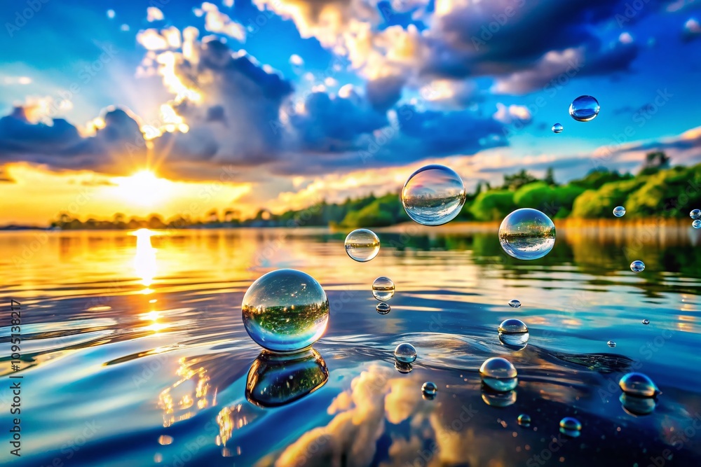 Poster tranquil waters surface with floating bubbles, creating an inviting scene for nature and relaxation 