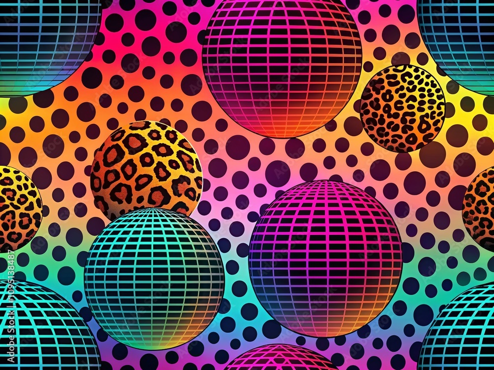 Poster trendy 80s style colorful gradient circles with leopard skin pattern for abstract retro vintage art 