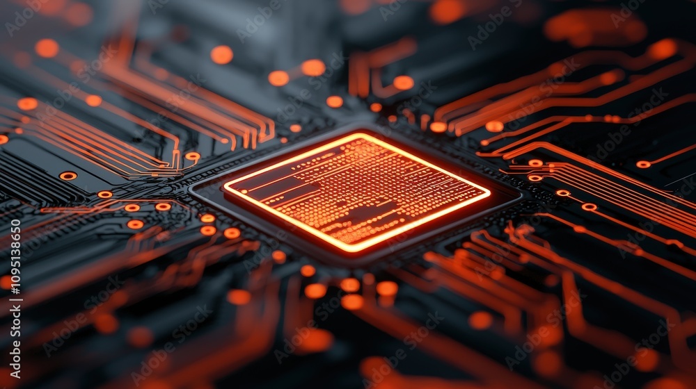 Poster glowing circuit board abstract tech background digital network microchip closeup