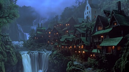 Obraz premium Elven village on the edge of waterfalls and mountains in forested hills at twilight, with many cozy wooden buildings and green roofs and glowing windows