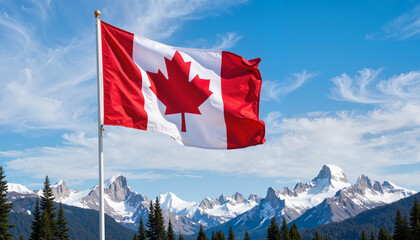 Canadian flag waving with mountain peaks in background.
