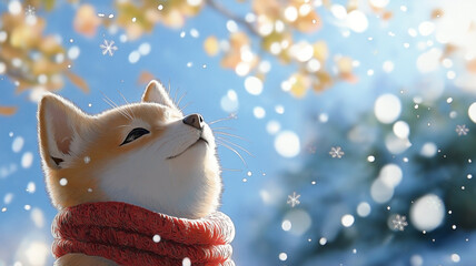 an adorable Shiba dog dressed in a snug snow jacket with fur trim, as it watches snowflakes dance in the air. The background shows a surreal winter village with softly glowing lanterns 
