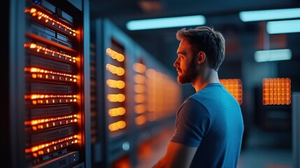 Young Male Technician Analyzing Server Data in a Modern Data Center with Illuminated Equipment and a Focused Expression on His Face