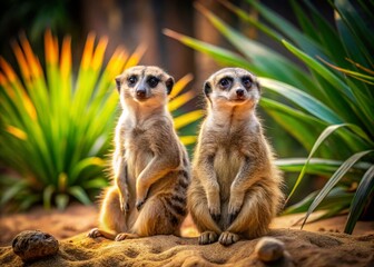 Fototapeta premium Two Meerkats Sitting on the Sand in a Zoo - Captivating Long Exposure Wildlife Scene from Nature Showcasing the Playful Behavior of These Charming Animals