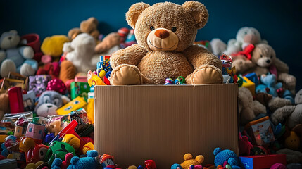 A brightly decorated donation box overflowing with toys, featuring a large teddy bear on top. The scene evokes warmth, generosity, and the spirit of giving, perfect for charitable campaigns