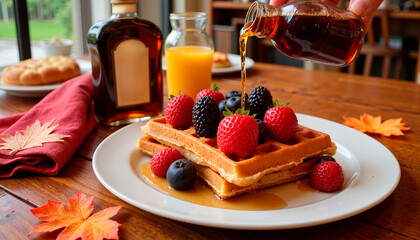 Canadian waffles with maple syrup and fresh berries.