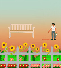 Fototapeta premium Sunflower Garden Retreat with a wooden bench overlooking a lush garden filled with vibrant sunflowers. A person is standing in the foreground, tending to the flowers. The warm, golden sunset colors