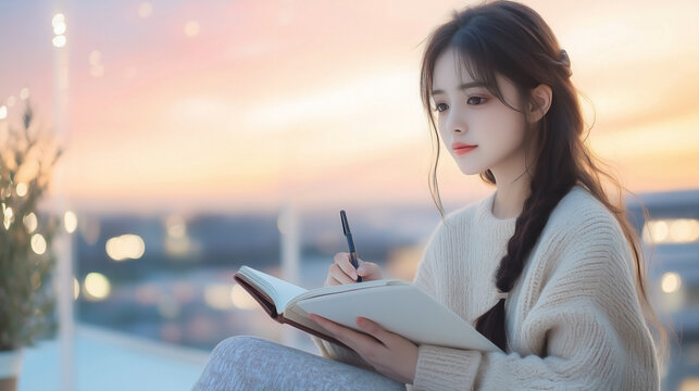 A young asian female sitting on a balcony at sunrise, writing in a journal about her New Year’s resolutions. She’s wearing a soft cream sweater and leggings,
She looks focused and peaceful. 