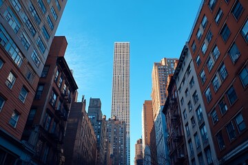 Fototapeta premium Man in Suit, Back View, Skyscrapers & Brick Buildings, Urban Setting