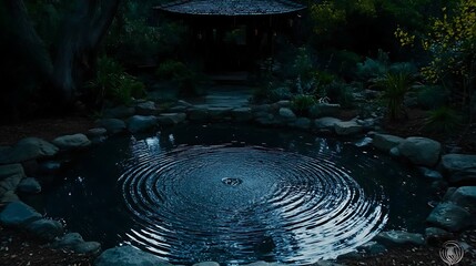 Ripples in a Serene Garden Pond at Dusk